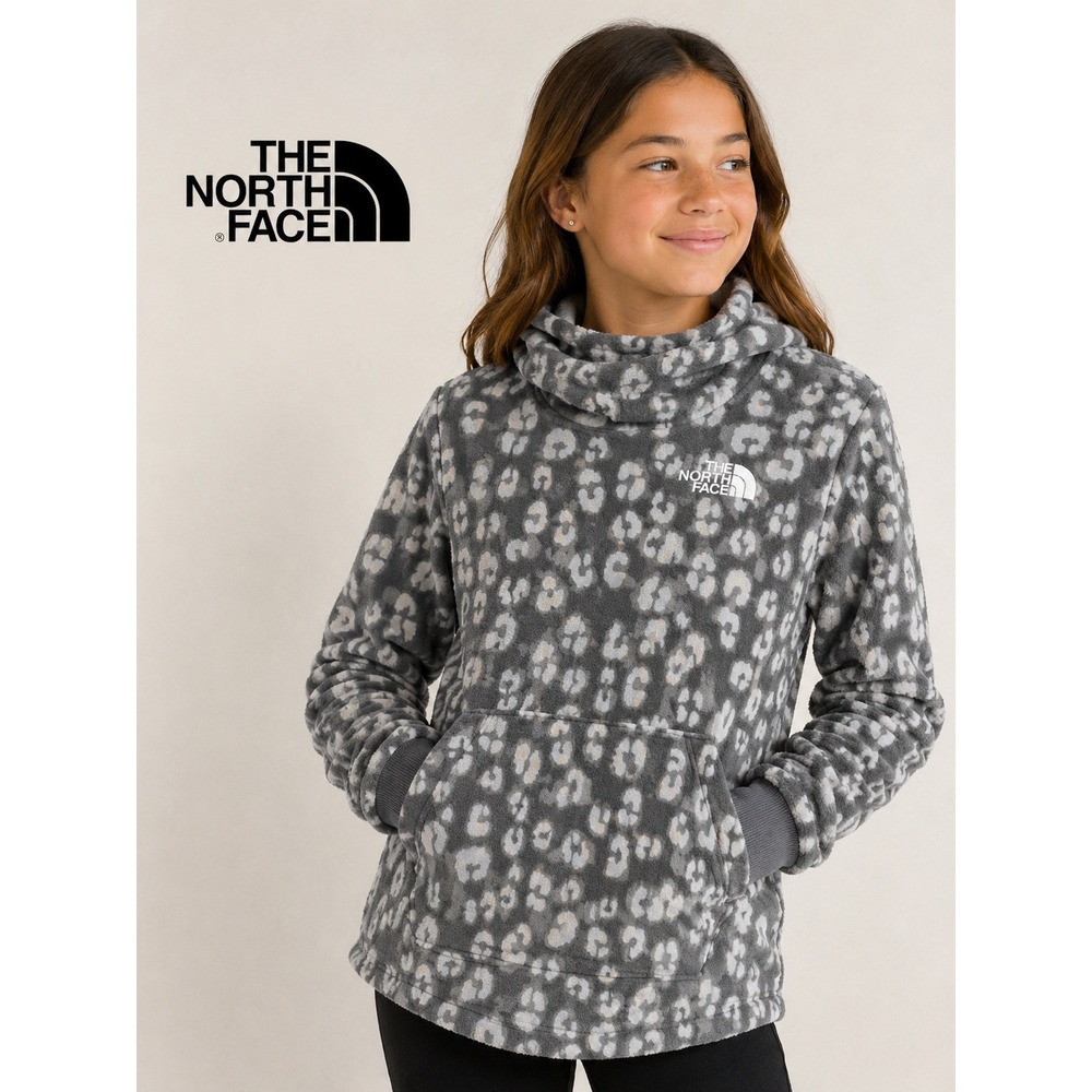 The North Face Girls Grey Leopard Print Pullover Hoodie Sweatshirt Size L 14/16